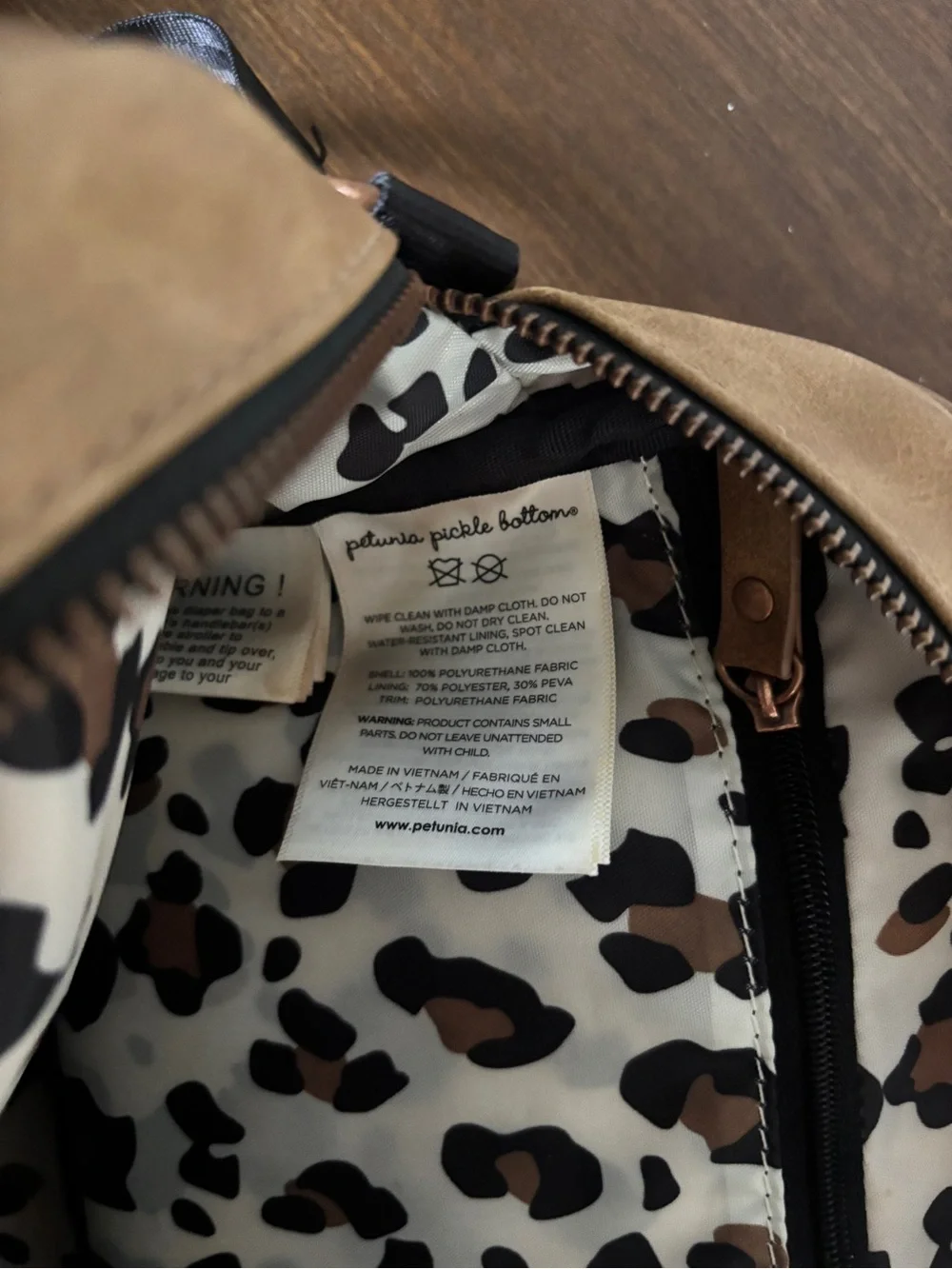 Petunia Pickle Bottom Tan Faux Leather Mini Diaper Bag Leopard Lining